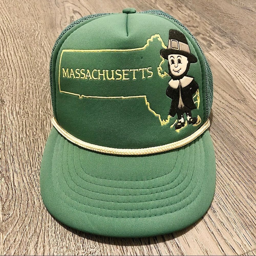 Vintage Snapback Rope Hat Cap Trucker Massachusetts State Pilgrim Green Mesh